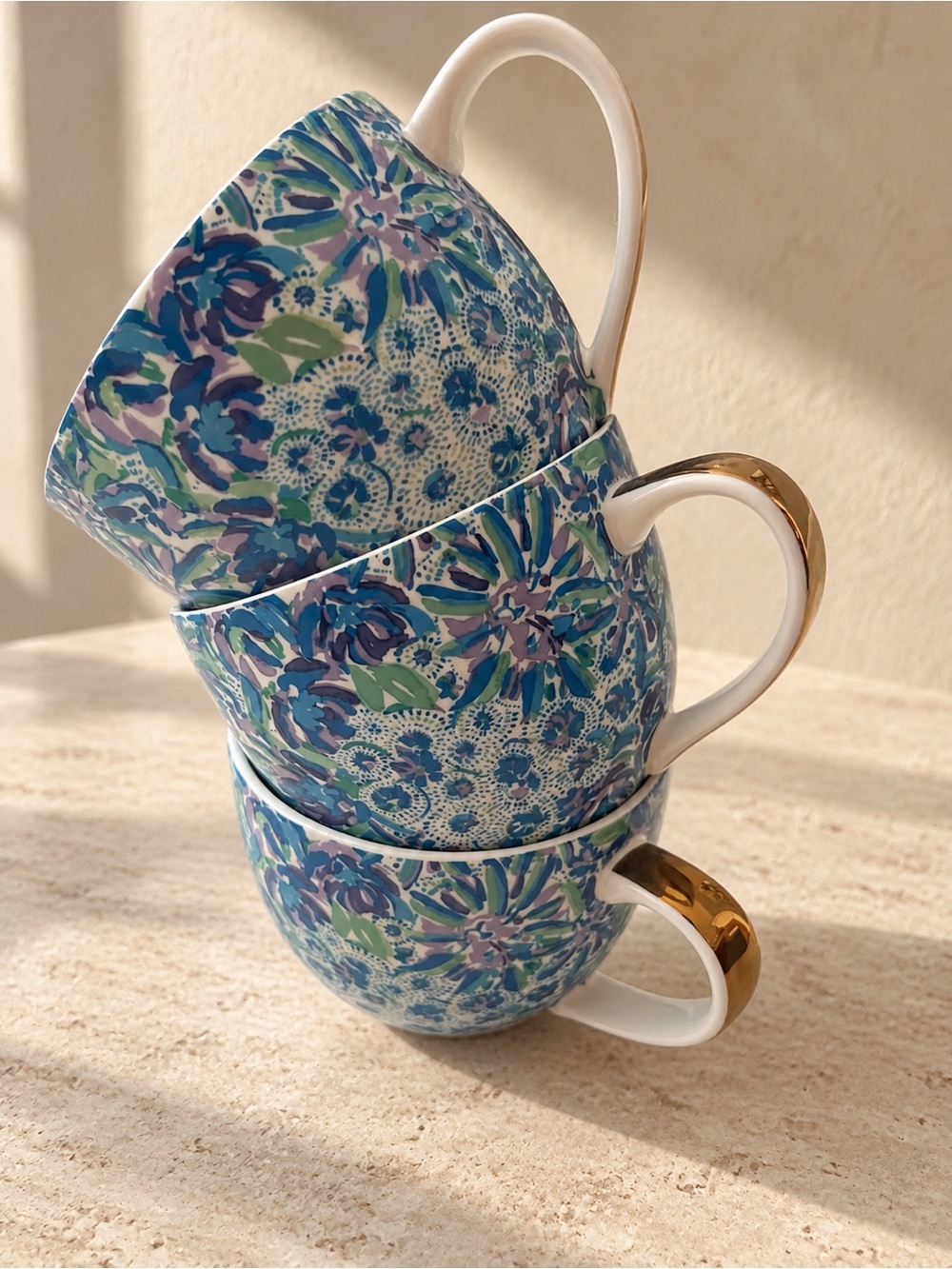Lilly Pulitzer set of 3 Floral Blue and Green Ceramic Mugs